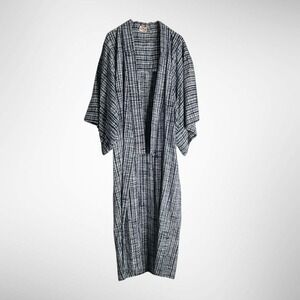 Vintage Yukata Kimono Robe Open‎ Front Lightweight Cover Up Blue White Pattern